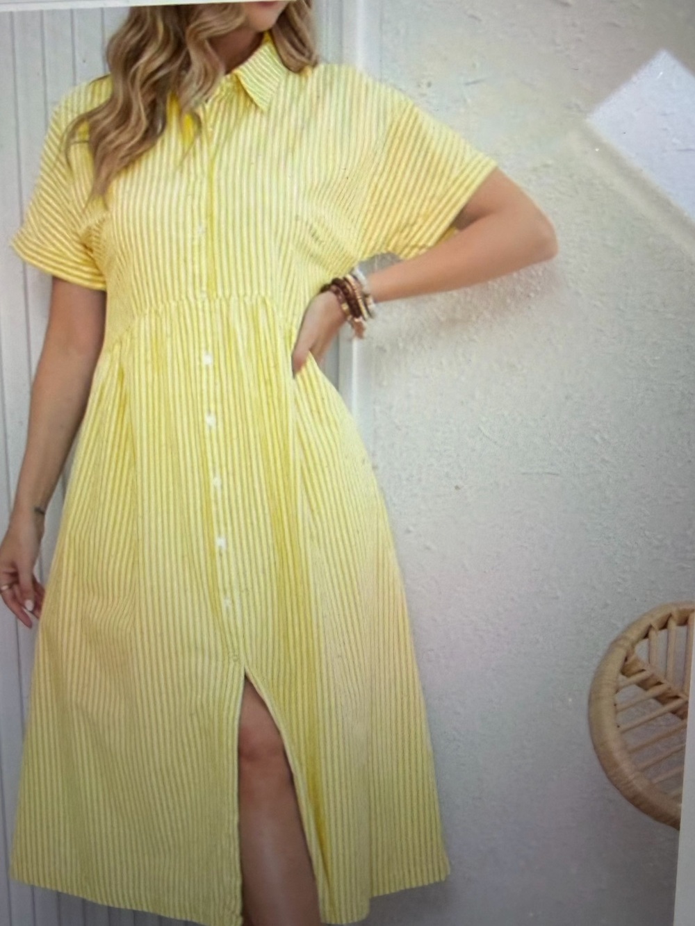 Yellow Striped Button-down Shirt Dress with Pockets- NWT Size L